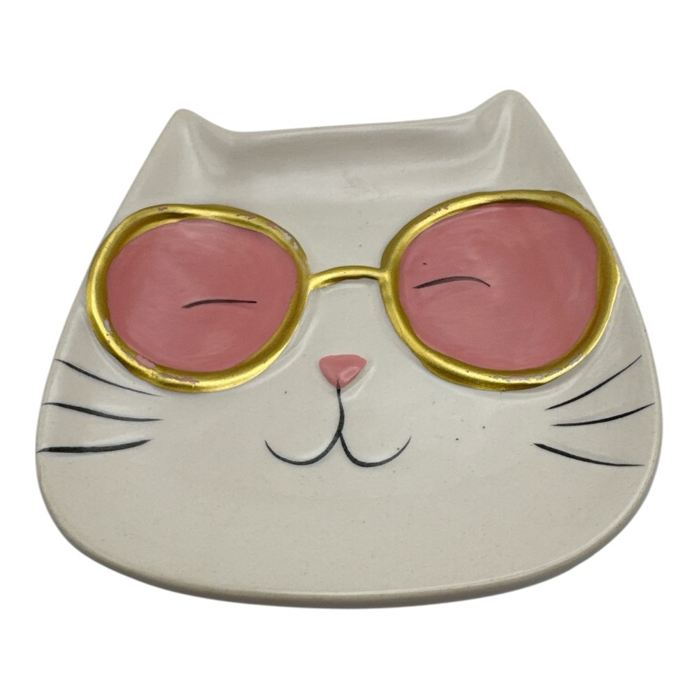Cool Cat Trinket Jewelry Tray Nightstand Dish Plate Ceramic White Sunglasses